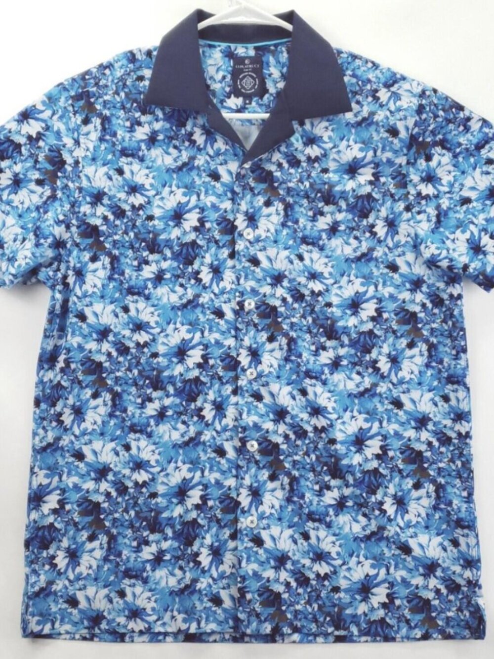 Con.Struct Shirt Mens Medium Blue White Floral 4-Way Stretch No Iron Slim Fit